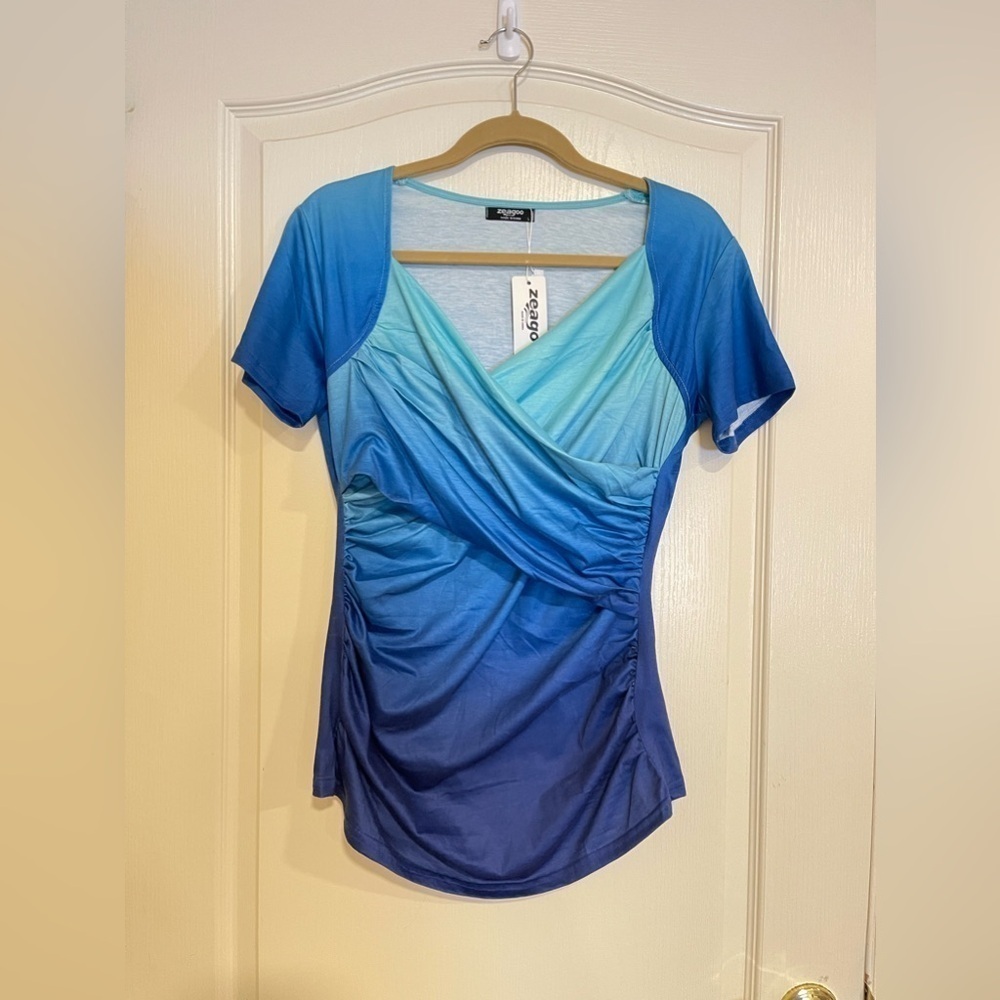 Zeagoo blue gradient ruched surplice top​​​​​​​